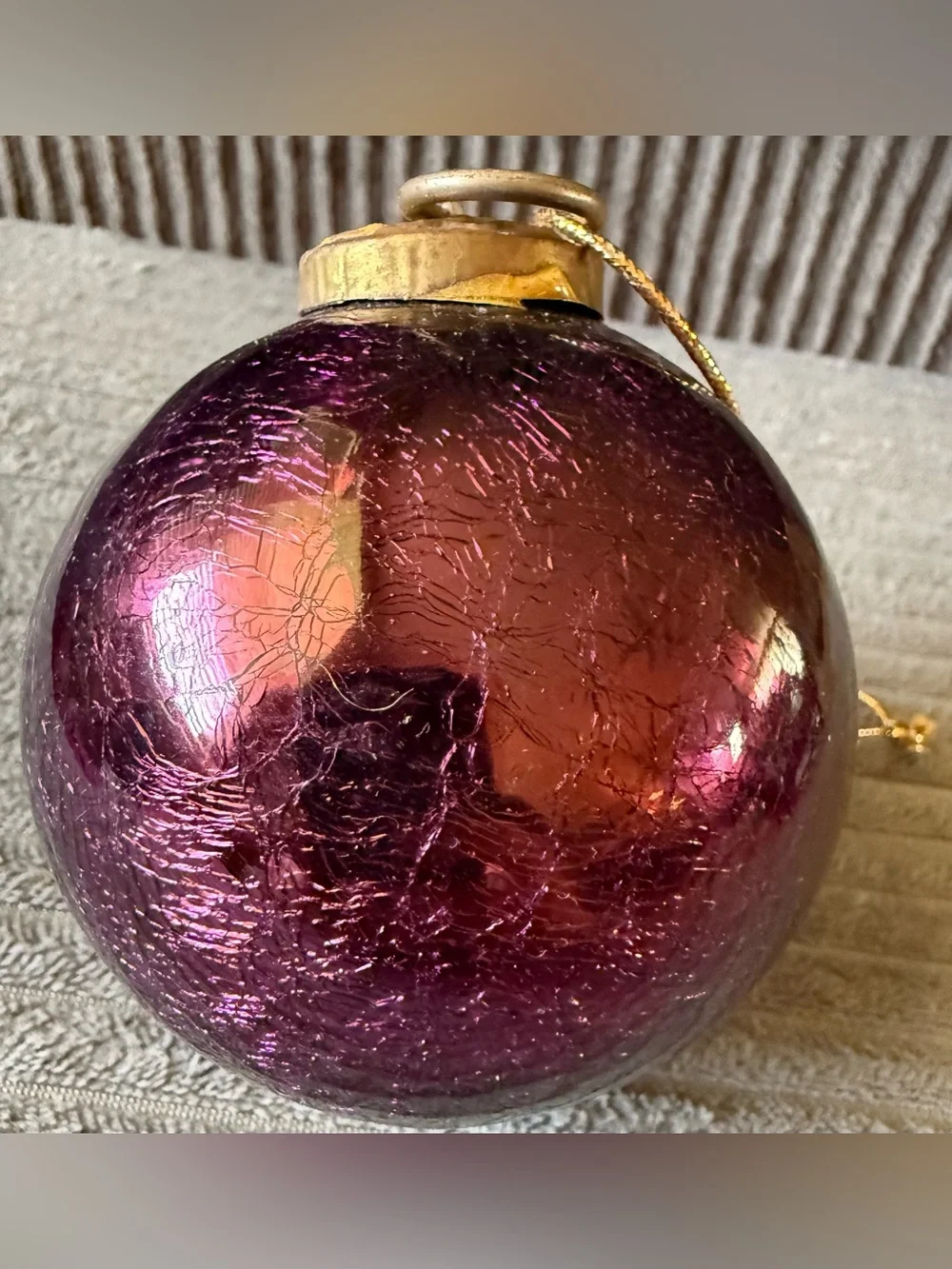 Vintage Purple Crackle Glass Holiday Ornament with Gold Cap Kugel Style